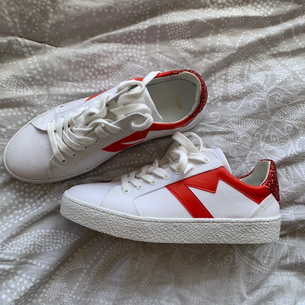 Maje Red Glitter Frencha Canvas Sneakers